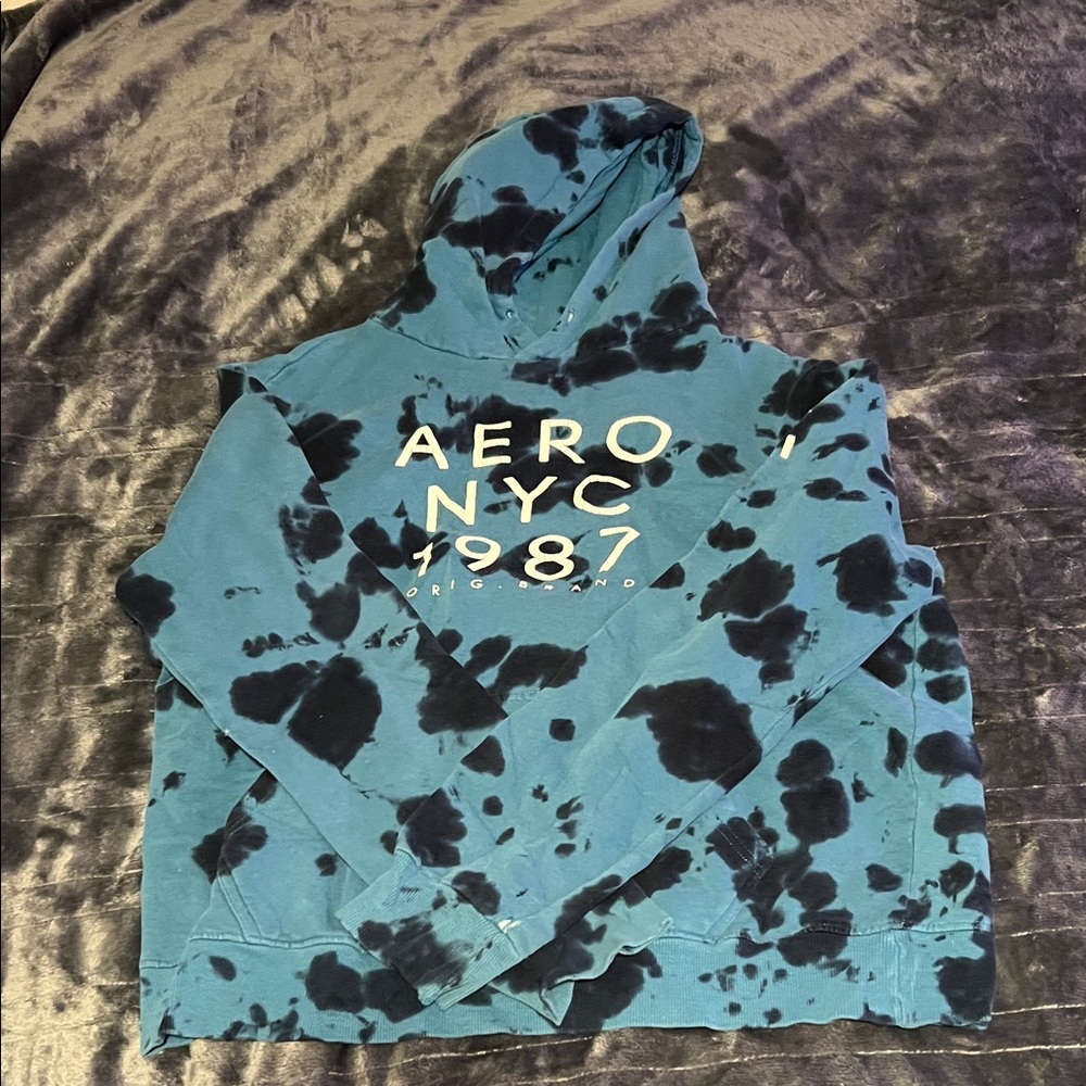 Aeropostale Teal and Black Tie-Dye Pullover Hoodie